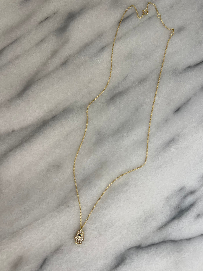 Amara Hamsa Necklace – Petite Blue CZ Hamsa Hand Necklace in 14K Gold Plated Sterling Silver