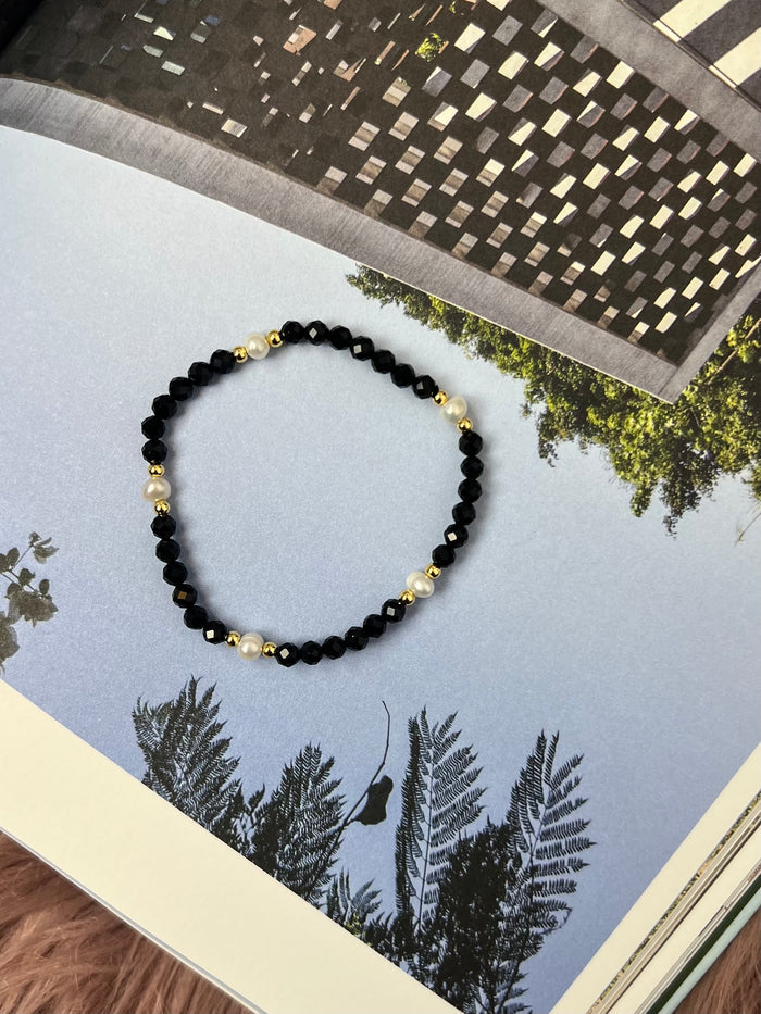 Ava Faceted Black Crystal, Pearl, and Gold Bead Stretch Bracelet