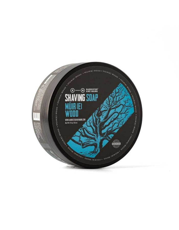 Barrister and Mann Muir(e) Wood shaving soap in black container with blue tree illustration