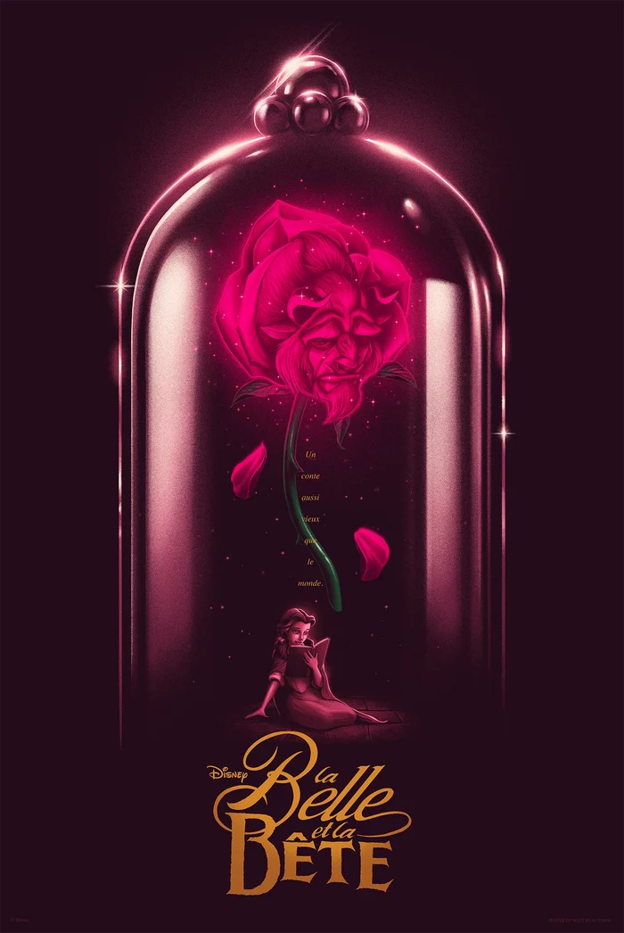 French Poster of 'La Belle et la Bete' with a pink rose that is also the Beast and Belle underneath a glass dome.