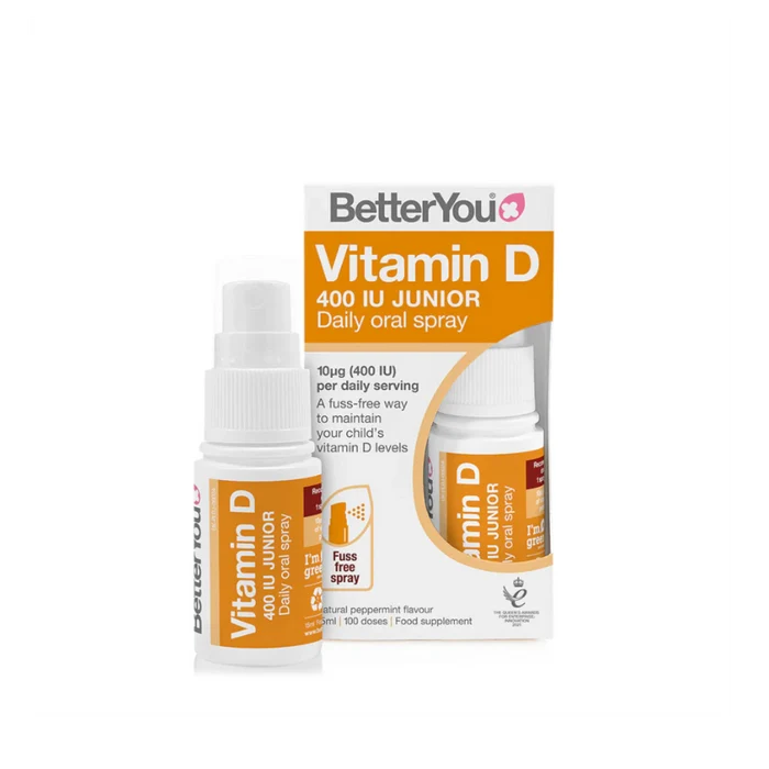 BetterYou Vitamin D 400 IU Junior Daily Oral Spray packaging on a white background