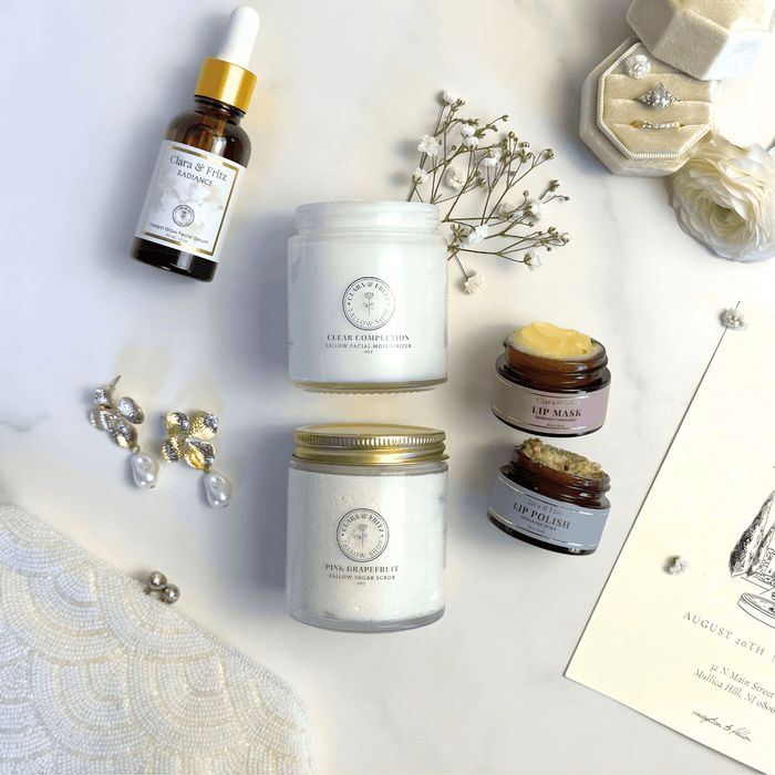 Bridal Glow Gift Set with skincare items and accessories for wedding day preparation.