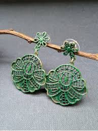 Green Rosette Earrings Enameled Brass - Precious Sparkle