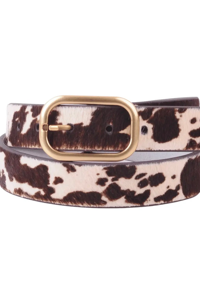 Morgan Cow Print Belt with Rectangular Buckle