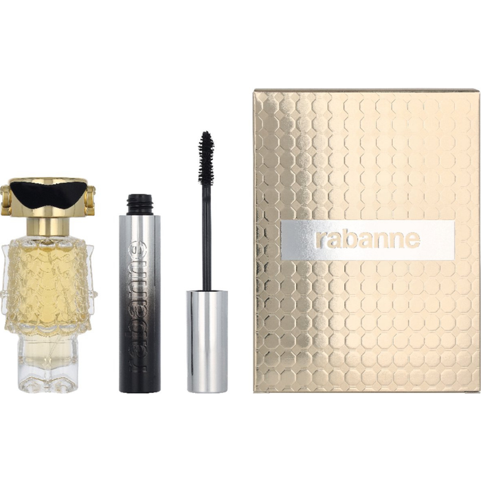 Rabanne Fame Gift Set EDP 30ml bottle, black mascara wand, and gold hexagon-textured box on white background