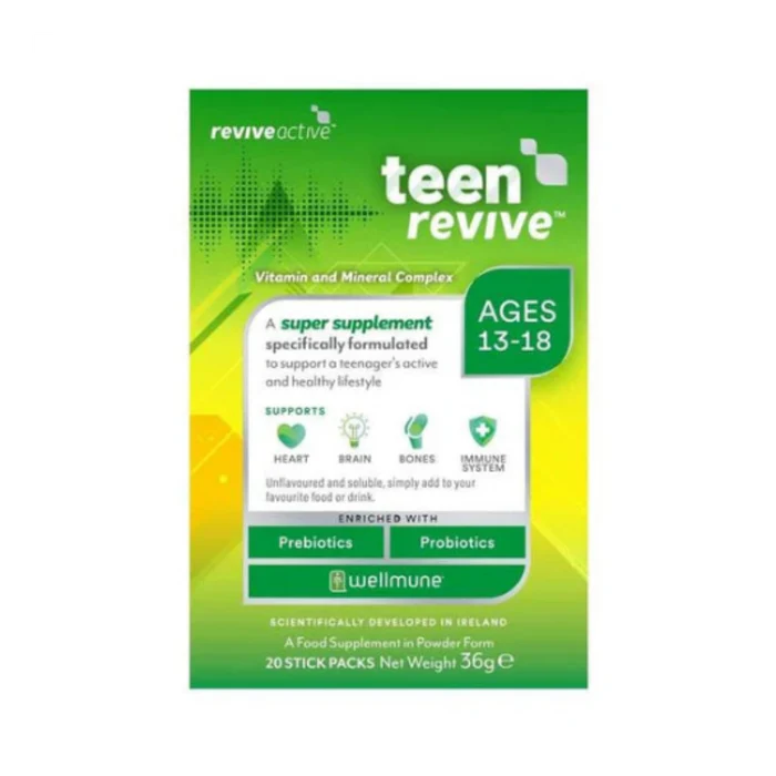 A package of Reviveactive Teen Revive Vitamin and Mineral Complex for ages 13-18, featuring a green and yellow gradient box with white and green text, and a Wellmune logo at the bottom.