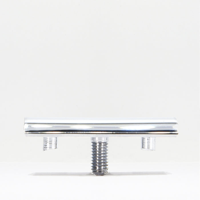 Chrome safety razor head viewed from the front with two mounting prongs and a central threaded stem