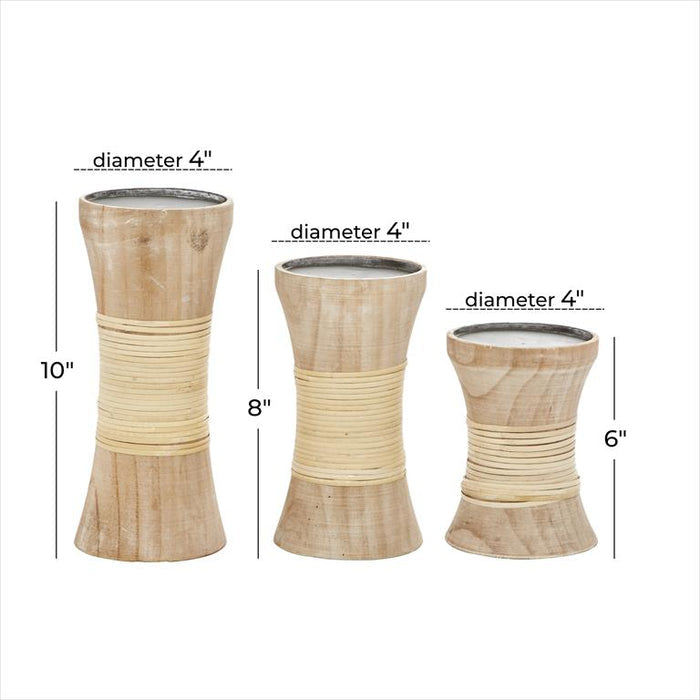 SET OF 3 BROWN WOOD COASTAL CANDLE HOLDER