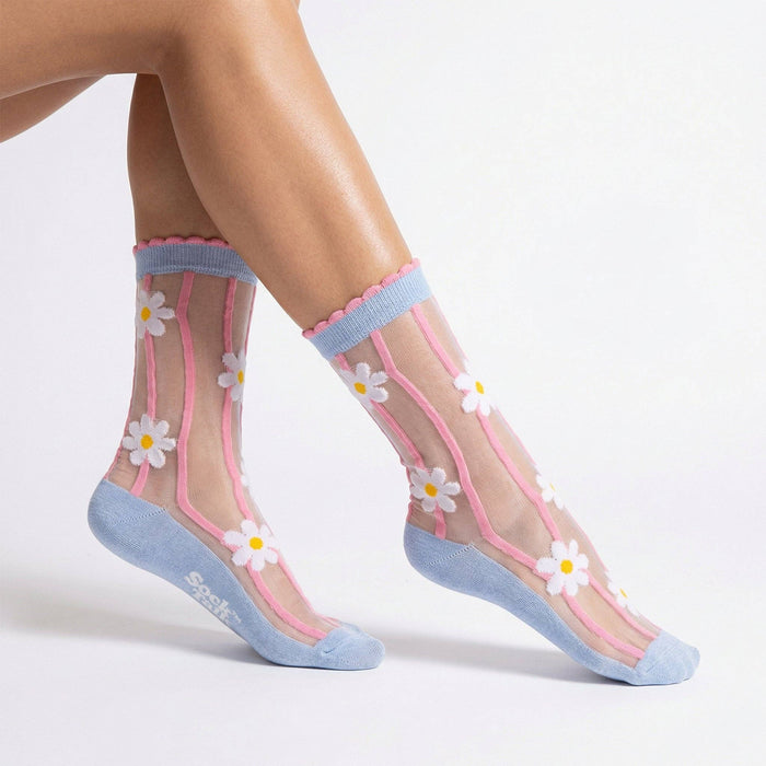 Sock Talk Daisy Stripes Cotton Sheer Socks Blue/Pink - Precious Sparkle