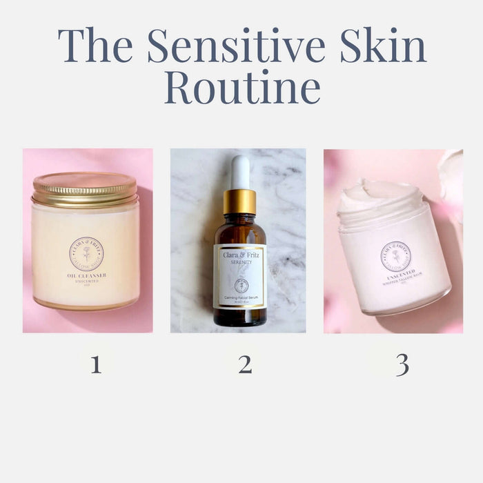 The Sensitive Skin Routine: skincare products for calming and nourishing sensitive skin, featuring cleanser, serum, and moisturizer.