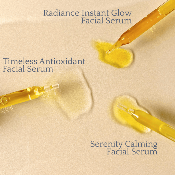 Image of The Serum Trio with Radiance, Timeless Antioxidant, and Serenity Calming facial serums for a complete skincare solution.