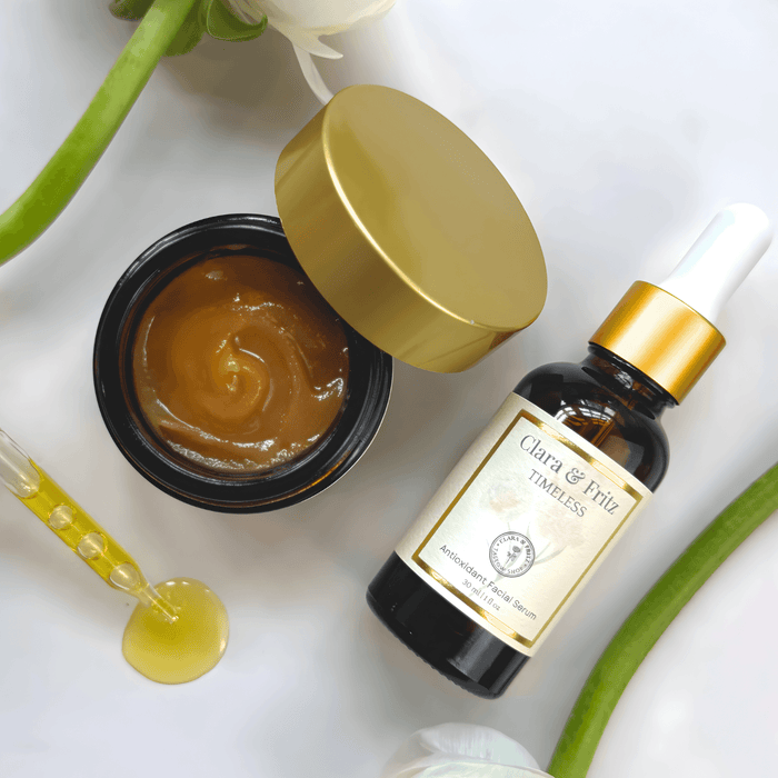 The Timeless Routine: nourishing skincare set with oil cleanser and serum for ageless, beautiful skin displayed elegantly on marble.
