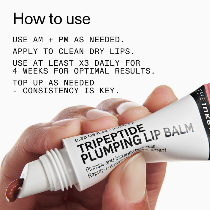 Tripeptide plumping lip balm with usage instructions on a white background