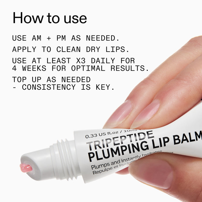 Tripeptide plumping lip balm with usage instructions on a white background