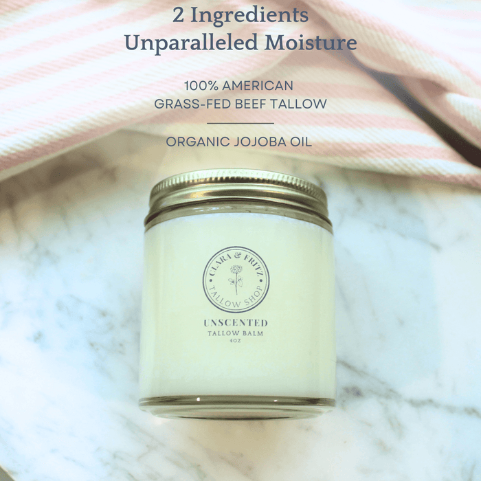 Unscented Solid Tallow Balm Moisturizer with organic jojoba oil and grass-fed beef tallow, perfect for pure skincare.