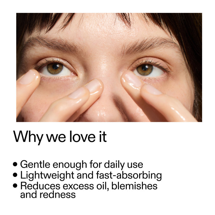 Close-up of a person applying a product to their eye with text highlighting Niacinamide Serum benefits.