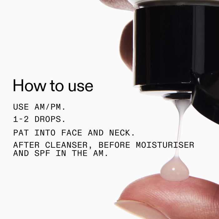 Cosmetic dropper with Niacinamide Serum being applied to skin, accompanied by usage instructions.