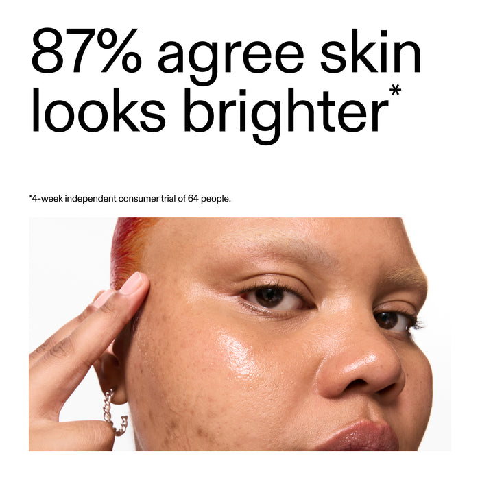 Close-up of a person's face with text indicating clinical study finding looks brighter after using 15% Vitamin C + EGF Serum