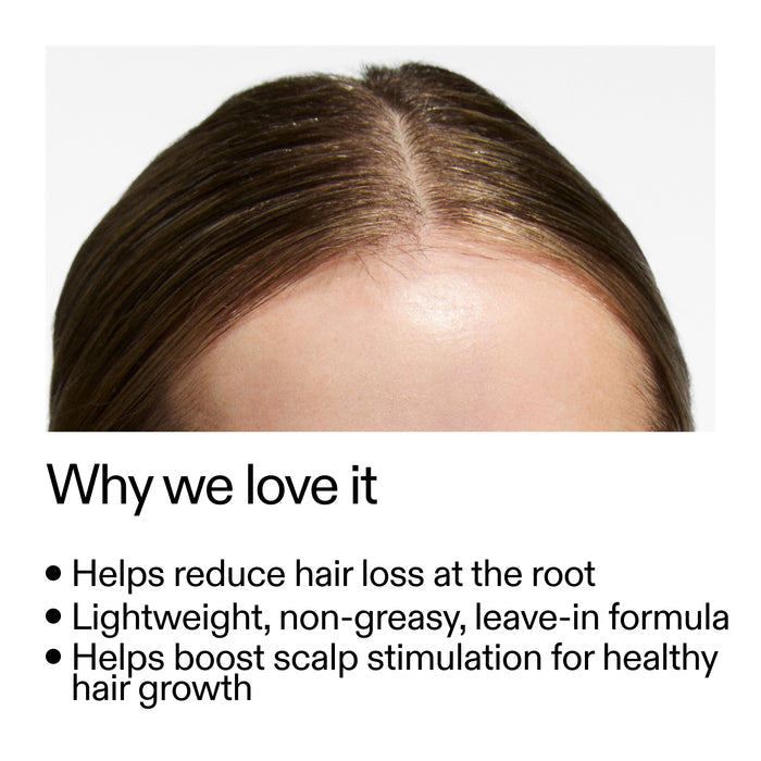 Close-up of a person's head with text about Caffeine stimulating scalp treatment benefits.