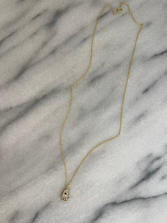 Amara Hamsa Necklace – Petite Blue CZ Hamsa Hand Necklace in 14K Gold Plated Sterling Silver