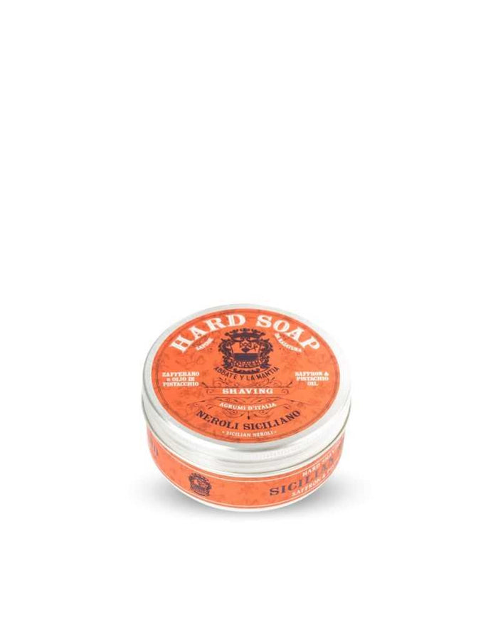 Sicilian Neroli hard shaving soap tin with orange label and black crest