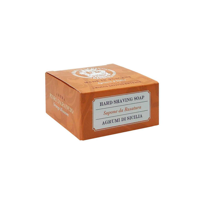 Orange Blossom scented shaving soap box with Italian text and orange design