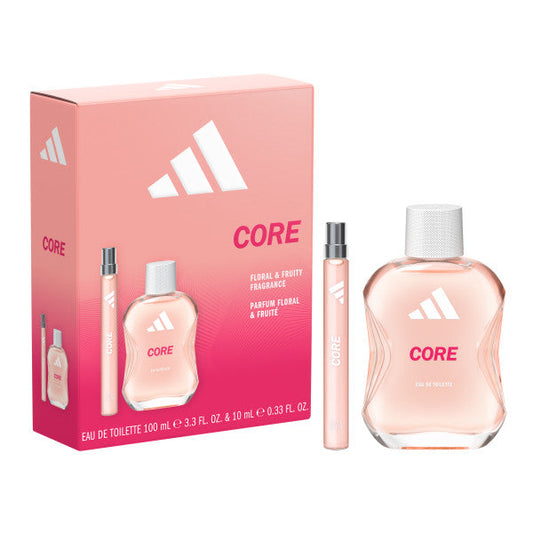 Adidas Core EDT Gift Set pink box with 100ml bottle and 10ml pocket spray, floral & fruity fragrance, white background