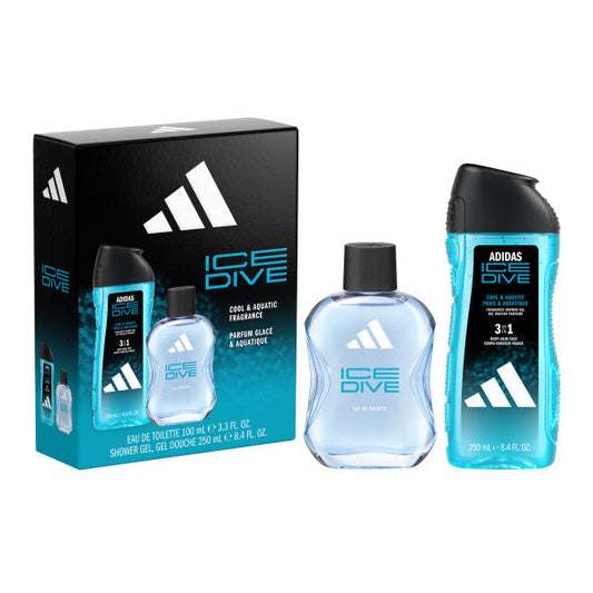 Adidas Ice Dive EDT Gift Set box with 100ml EDT bottle and 250ml shower gel on white background