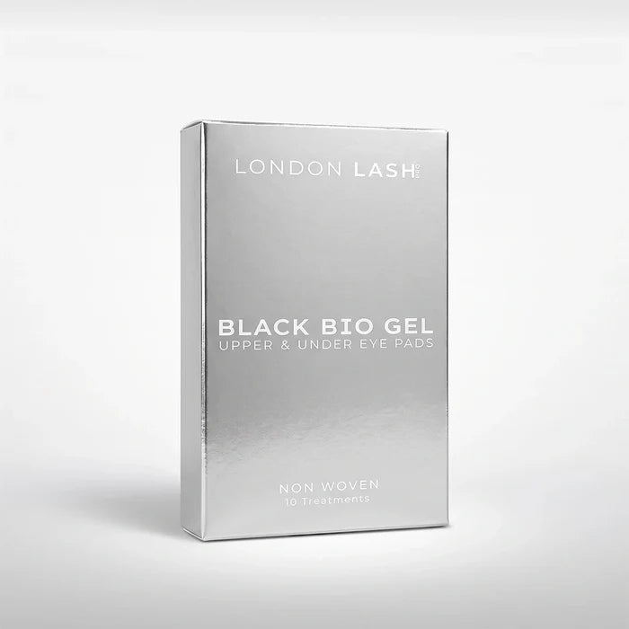 Angled perspective view of the silver London Lash Black Bio Gel Upper & Under Eye Pads 10-treatment packaging box.