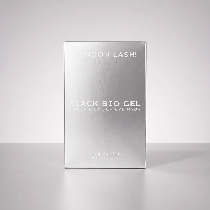 Front view of the metallic silver London Lash Black Bio Gel Upper & Under Eye Pads product box on a plain studio background.