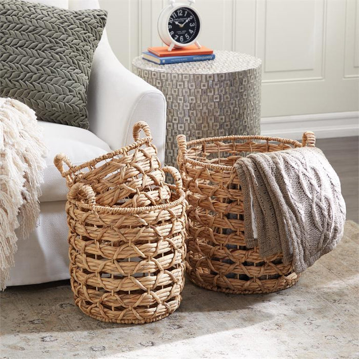 BROWN FABRIC HANDMADE STORAGE BASKET WITH HANDLES