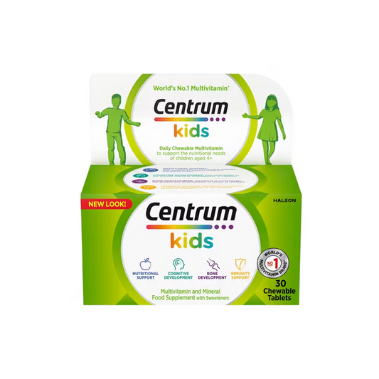 A box of Centrum Kids multivitamin and mineral supplement tablets, featuring a green and white packaging design with the Centrum brand logo and illustrations of children.