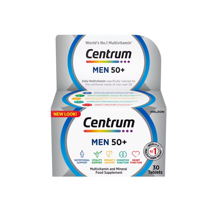 A box of Centrum Men 50+ multivitamin and mineral food supplement tablets, showing the front and top packaging on a plain white background.
