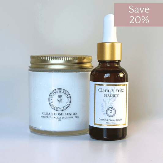 Serenity Clear Complexion Facial Serum and moisturizer bottle with 20% discount label.