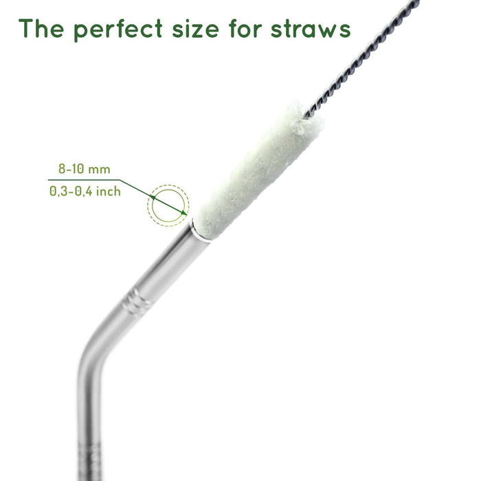 Cotton straw brush with curved stainless steel handle and white cylindrical bristles for cleaning straws