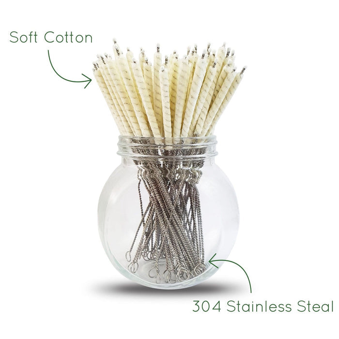 Cotton swabs with stainless steel stems arranged in a glass jar