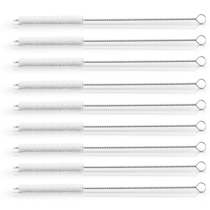 White cotton cleaning brush heads on twisted metal handles with loop ends arranged in a row.