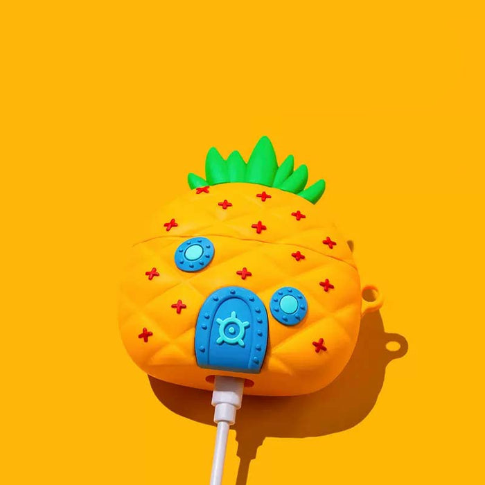 Cute Pineapple AirPods Case with Protection: yellow-orange, green pineapple, cartoon, whimsical style