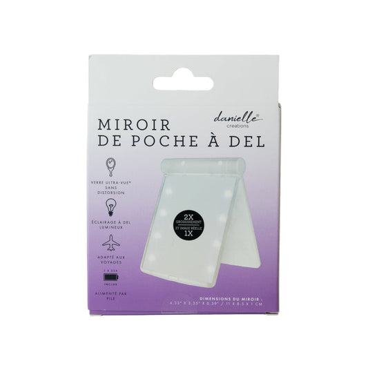 Danielle Creations LED Pocket Mirror White packaging on white background, French text "Miroir de Poche à Del", 2X magnification