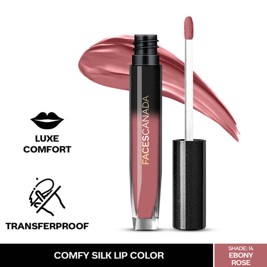 FACES CANADA Comfy Silk Liquid Lipstick - Ebony Rose 14, (3 ml) | Satin Matte HD Finish | Luxe Comfort | Longlasting | No Dryness | Smooth Texture | Mulberry Oil & Shea Butter For Plump Hydrated Lips