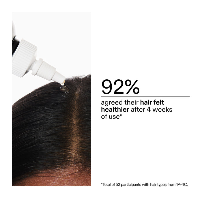 Glycolic Acid Exfoliating Scalp Scrub being applied to hair with text indicating 92% of users found their hair healthier after 4 weeks.