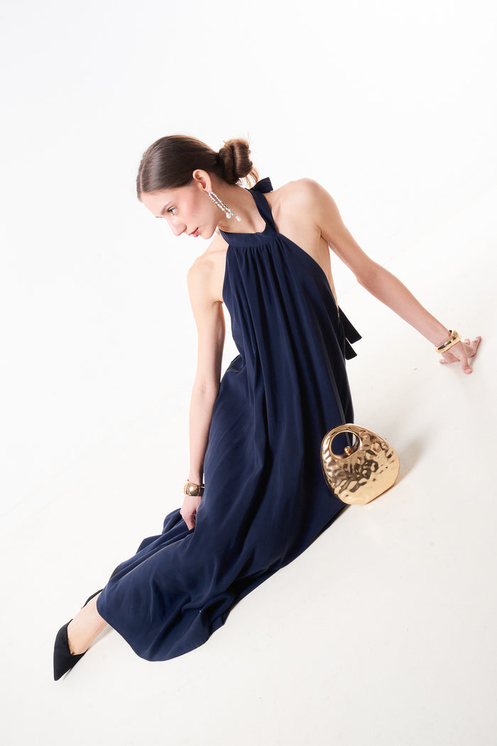 Halter neck pleated midi dress with tie back neckline wholesale