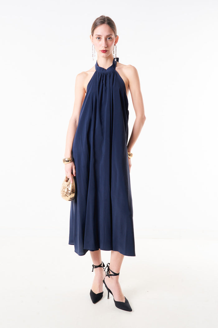 Halter neck pleated midi dress with tie back neckline wholesale