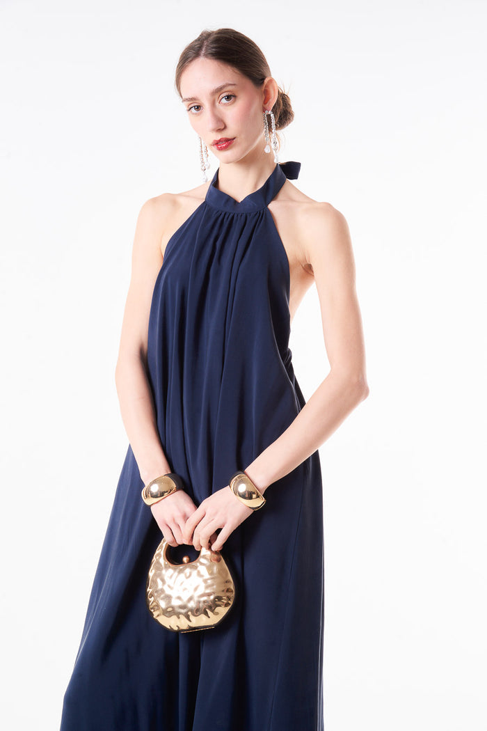 Halter neck pleated midi dress with tie back neckline wholesale