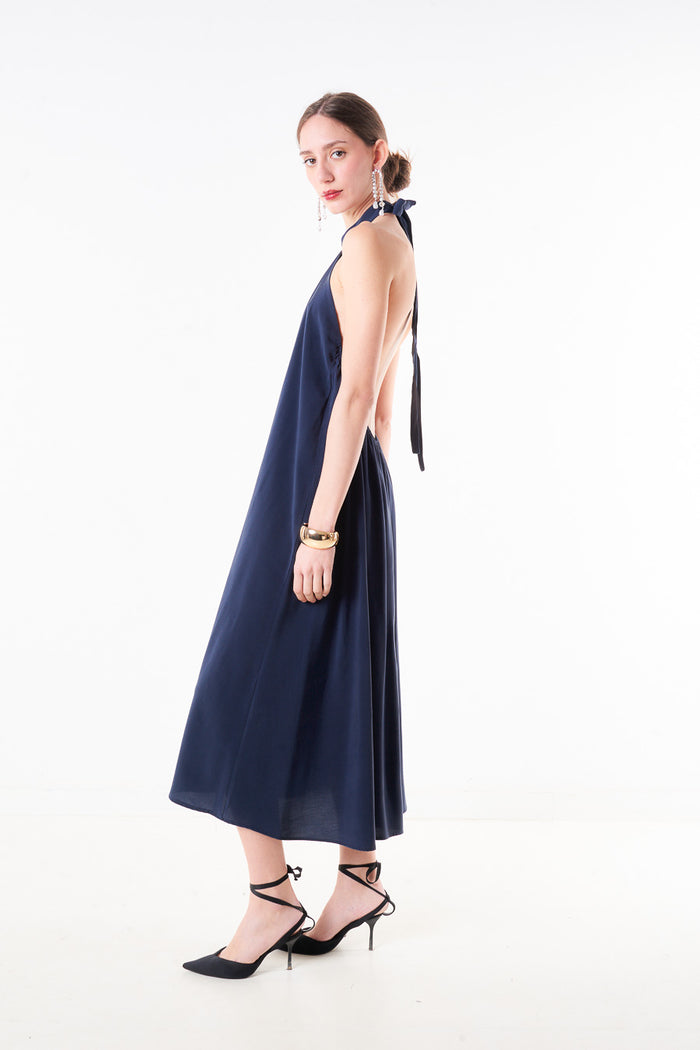 Halter neck pleated midi dress with tie back neckline wholesale