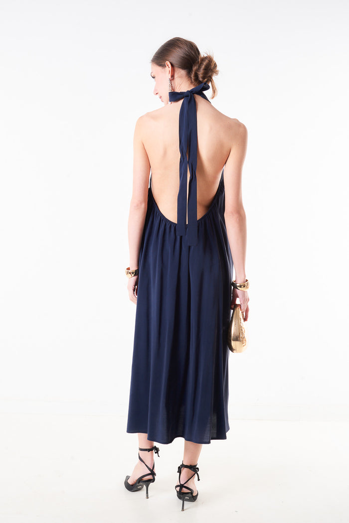 Halter neck pleated midi dress with tie back neckline wholesale