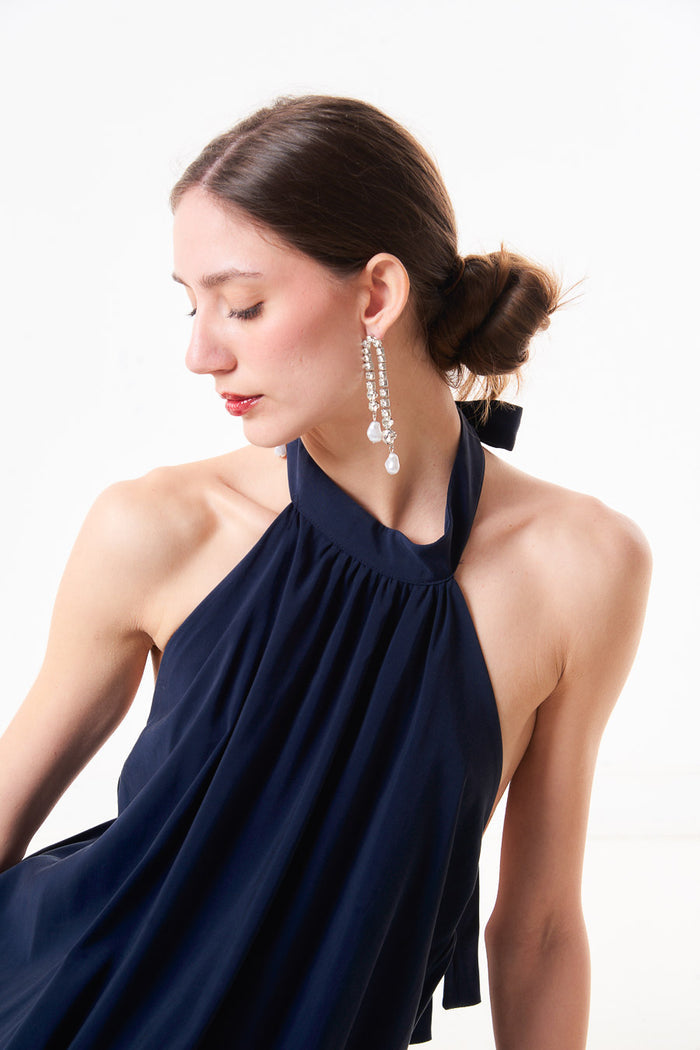 Halter neck pleated midi dress with tie back neckline wholesale