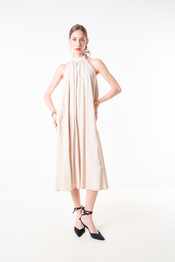 Halter neck pleated midi dress with tie back neckline wholesale