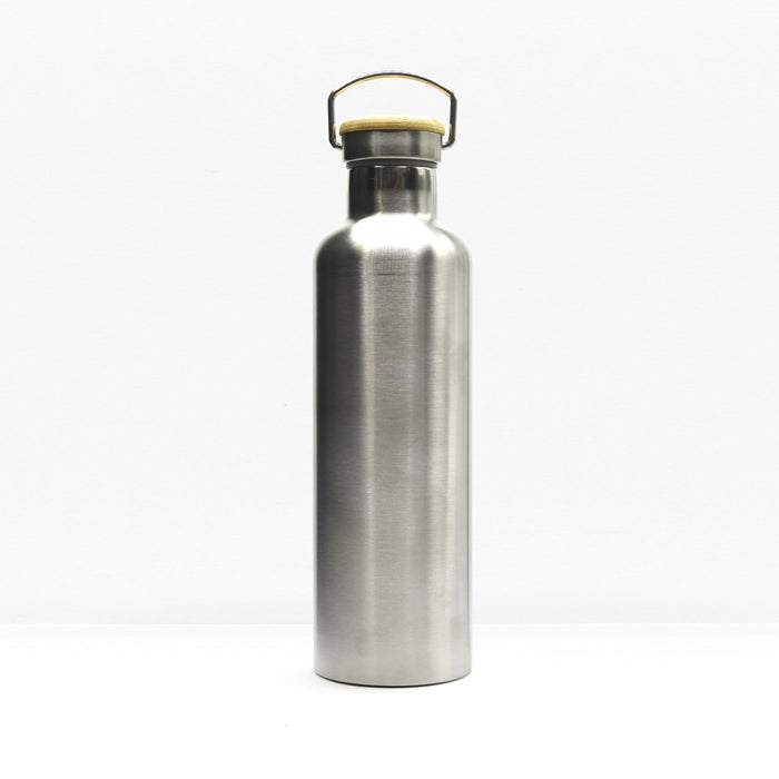 Bambaw stainless steel insulated water bottle with a bamboo lid and a carrying loop on top.