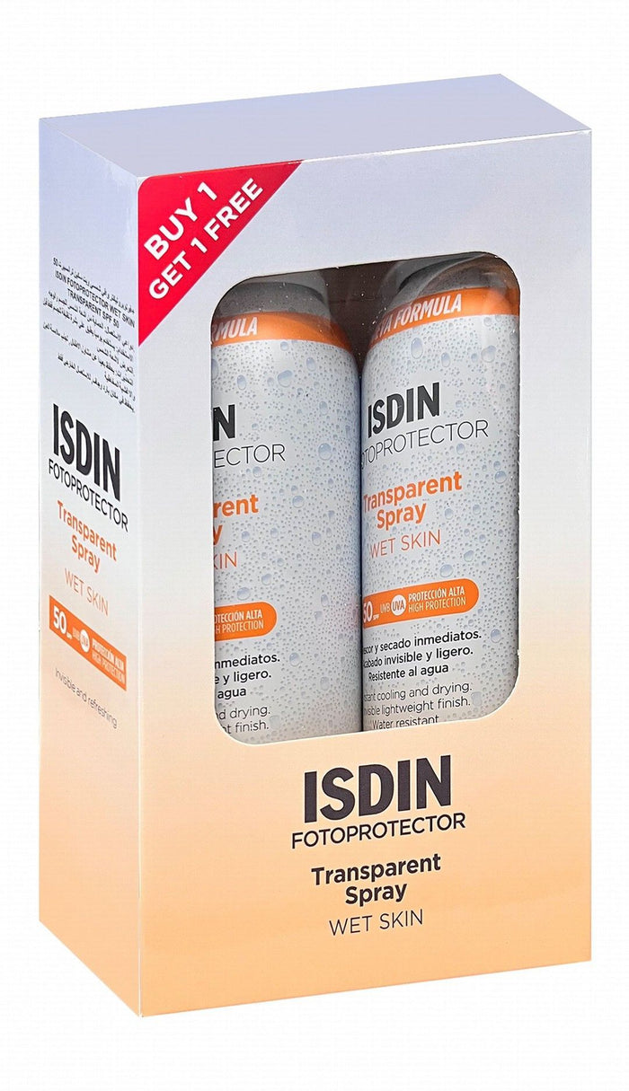 Isdin Fotoprotector Wet Skin Water-Resistant Sunscreen Spray for All Skin Types SPF50 Transparent, 2x250ml - Makkah Pharmacy